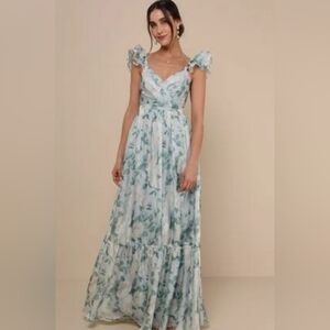 NWT Lulus Soire Perfection Light Blue And Green Floral Ruffle Tiered Maxi Dress